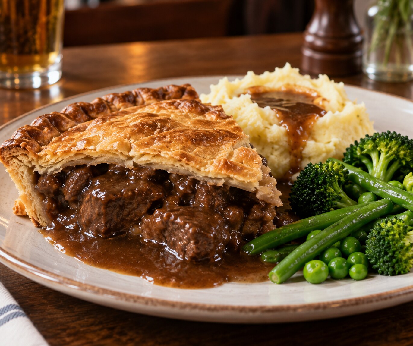 Steak pie with mash, gravy and green vegetables